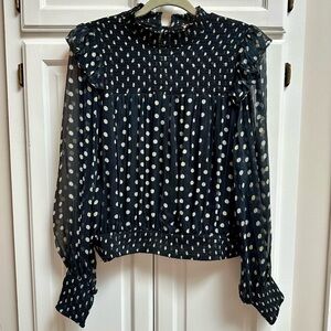 Free People Roma Blouse Black & Cream Polka Dot Romantic Puff Sleeve Sz Medium